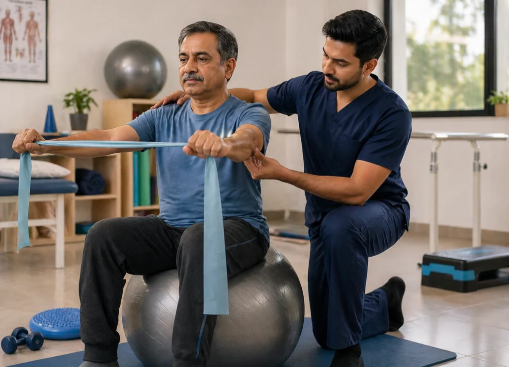 Physiotherapist assisting a senior man with resistance band exercises on a stability ball