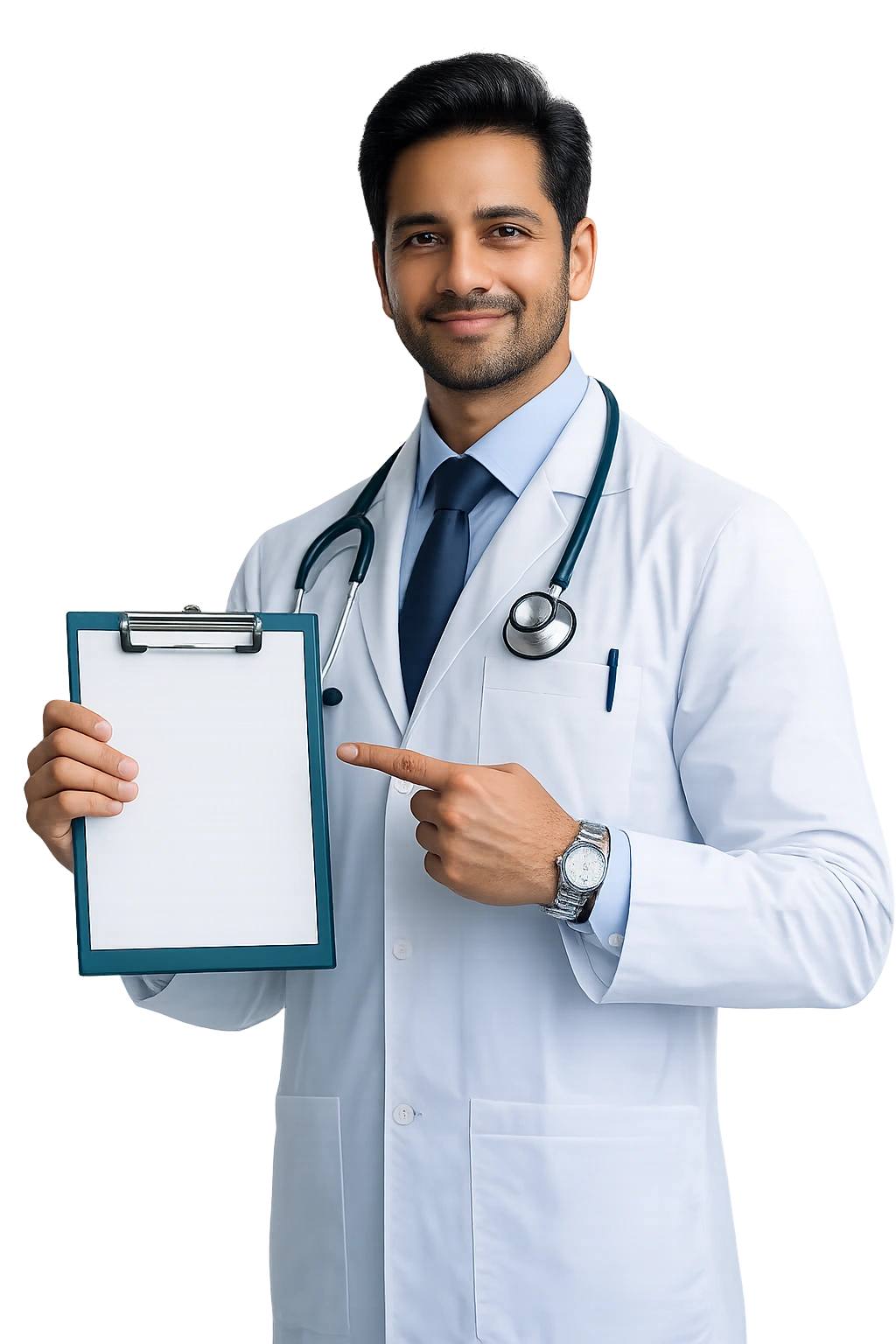 Male doctor holding a clipboard and pointing to a medical form