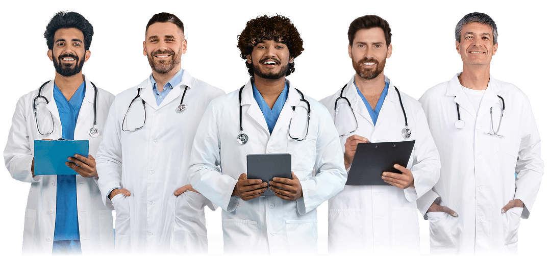 Diverse team of smiling male doctors wearing white coats and stethoscopes