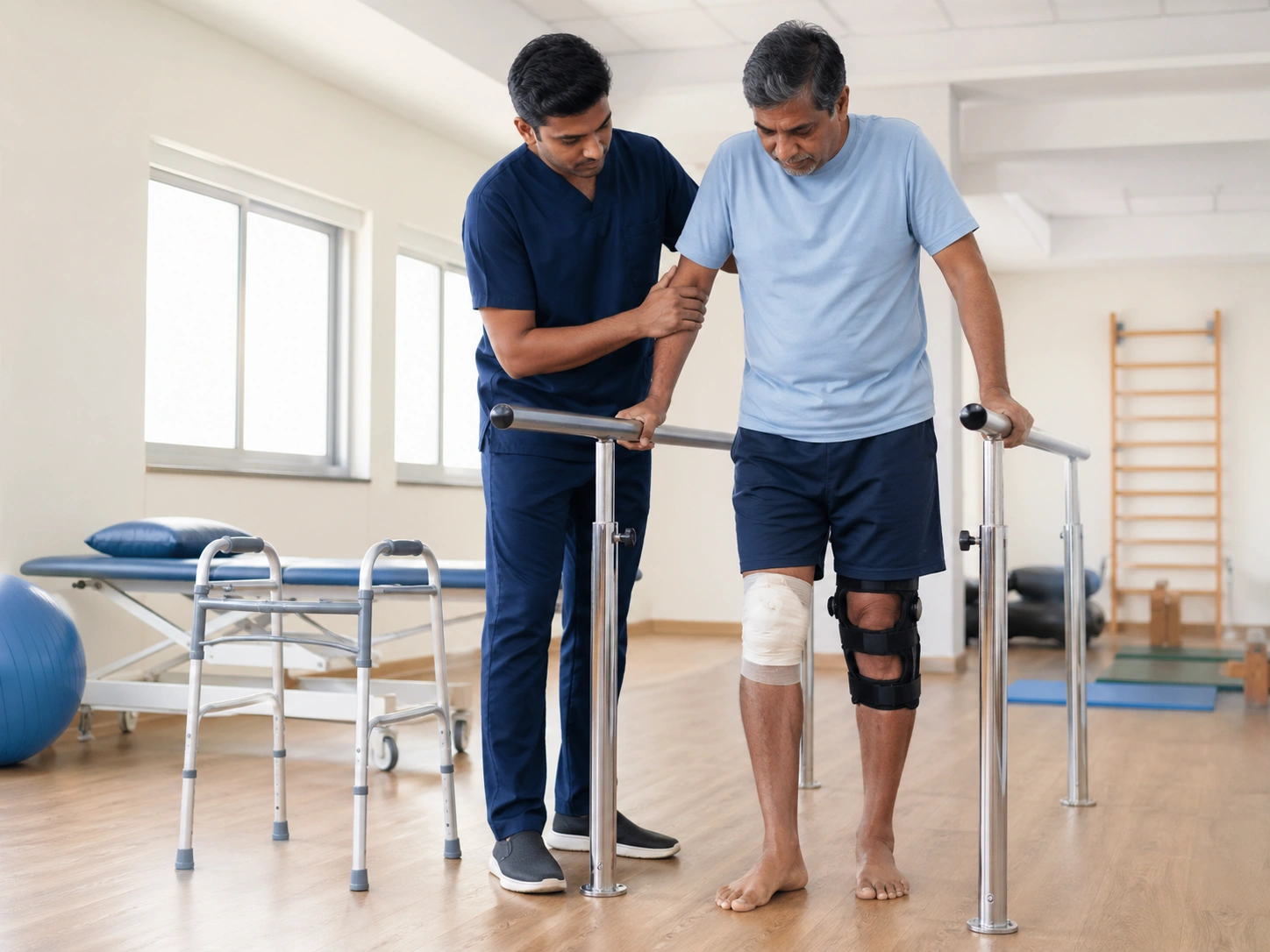 Physiotherapist assisting a senior man with walking rehabilitation after a knee injury