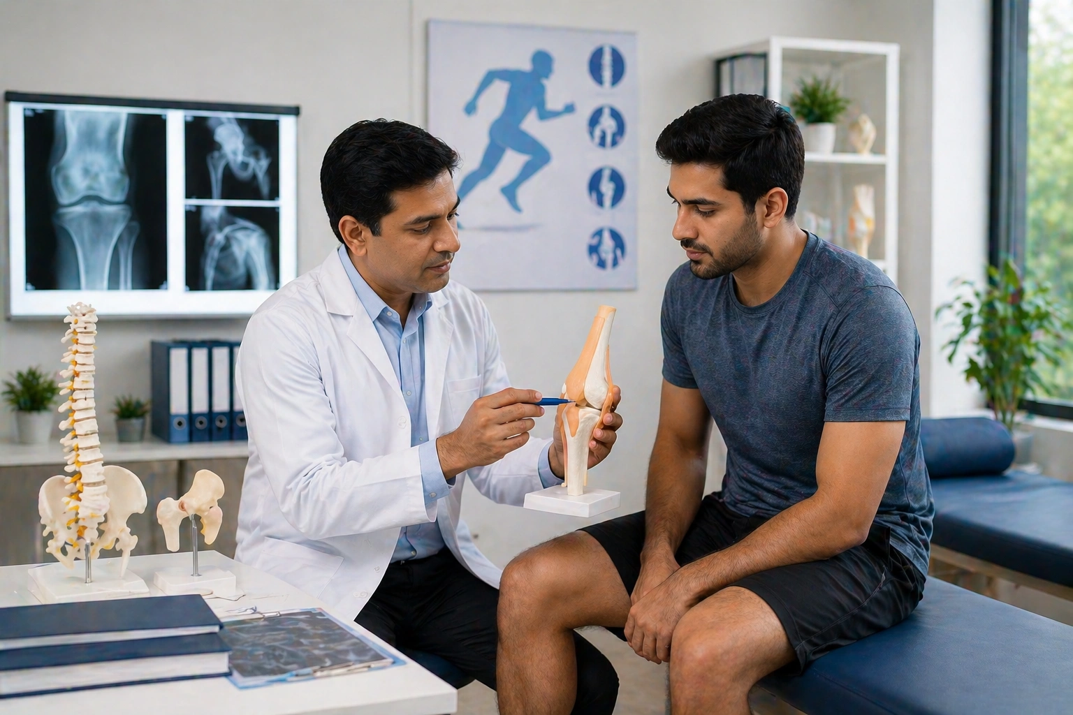 Orthopedic doctor explaining a knee joint model to a patient