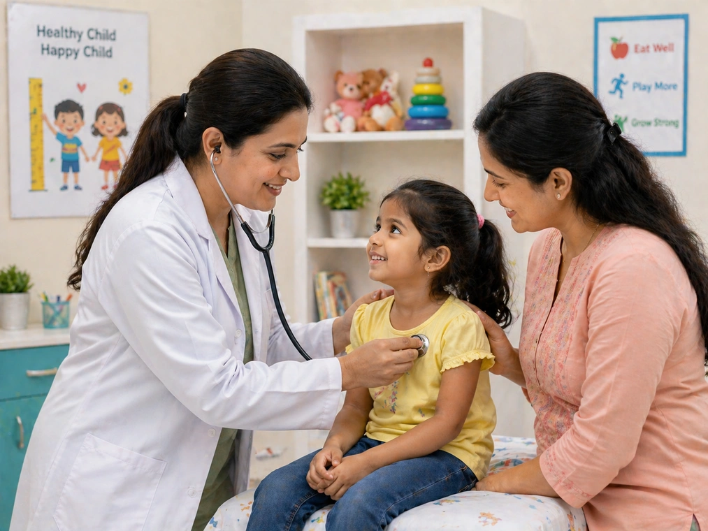 Pediatrician examining a young girl with a stethoscope while her mother watches
