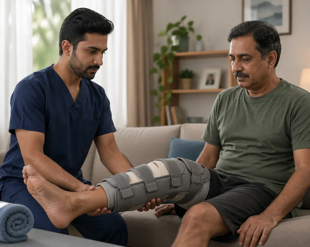 Physiotherapist assisting a man wearing a knee brace during home rehabilitation